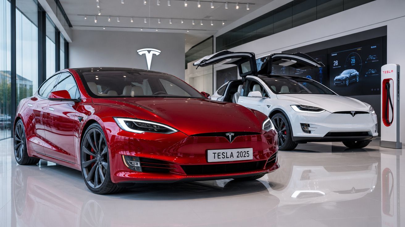 Dois carros Tesla em exposição numa sala moderna, um vermelho ao centro e um branco com portas abertas atrás.