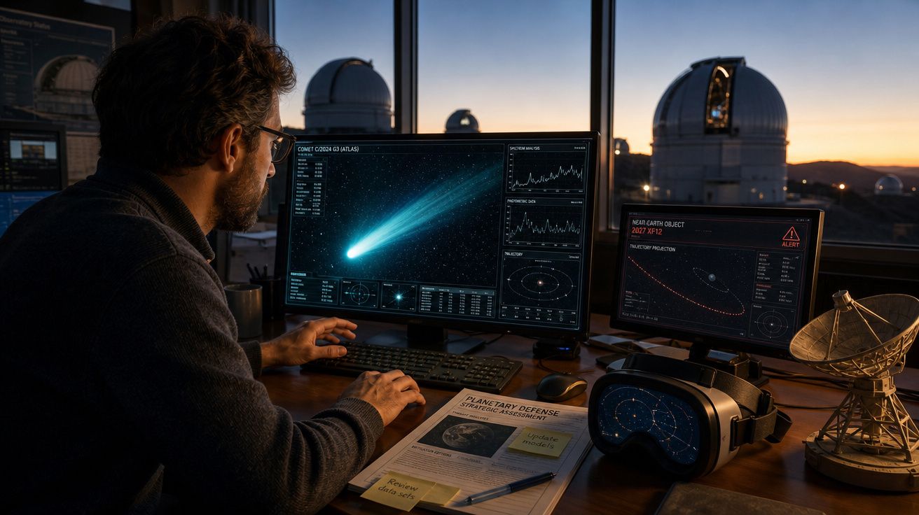 Homem a analisar dados de um cometa em monitores, com telescópios e equipamento de observatório ao fundo.