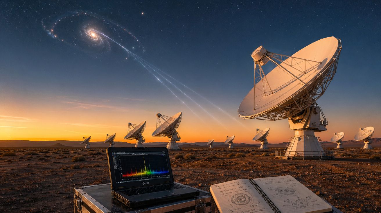 Antenas parabólicas numa paisagem desértica ao pôr do sol, com computador e caderno abertos em primeiro plano.