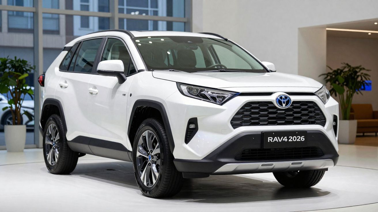 Automóvel Toyota RAV4 2026 branco estacionado num interior moderno e iluminado.