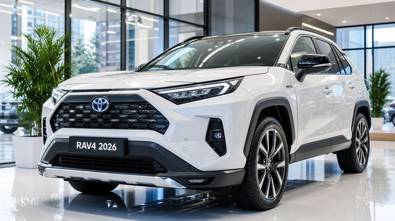 Veículo Toyota RAV4 2026 branco num showroom moderno com piso brilhante.