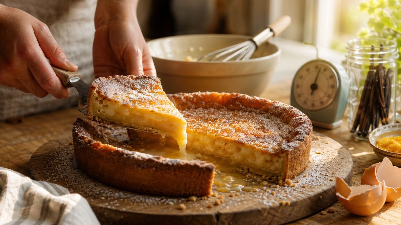 Pessoa a servir uma fatia de tarte cremosa num prato de madeira numa cozinha iluminada.