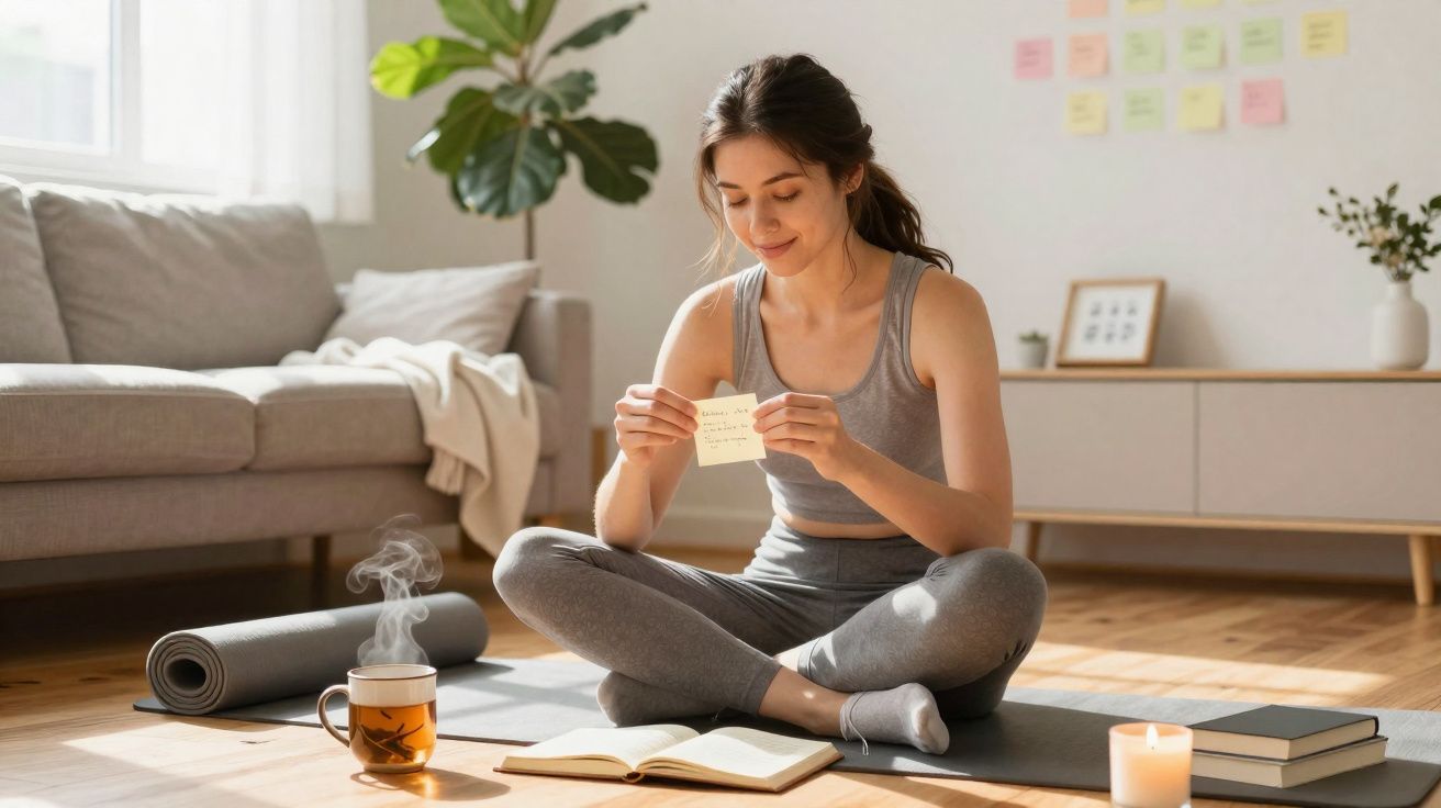 Mulher sentada no chão de sala, lendo nota adesiva, rodeada por livro, chá e vela acesa.