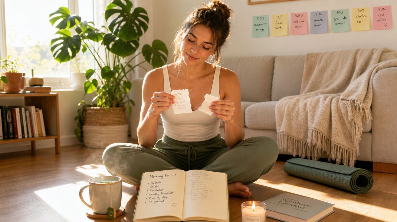 Mulher sentada no chão junto a caderno, vela acesa e chá, em ambiente luminoso com plantas e sofá ao fundo.