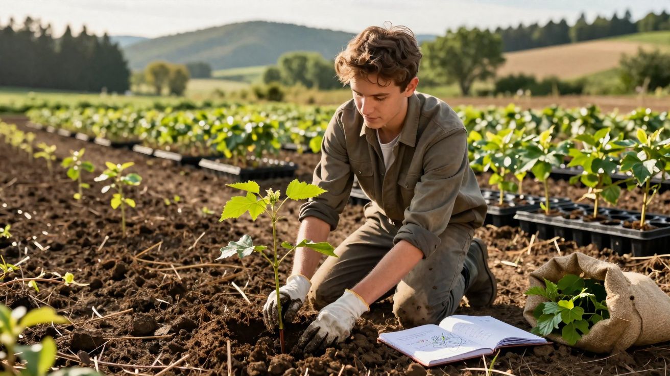 Jovem a plantar árvore num campo, rodeado por várias plantas e um caderno aberto no chão.