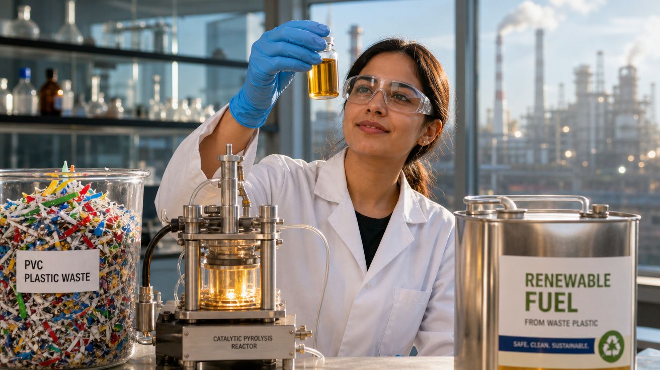 Cientista com bata e luvas segura líquido amarelo junto a resíduos plásticos e equipamento de pirólise catalítica.