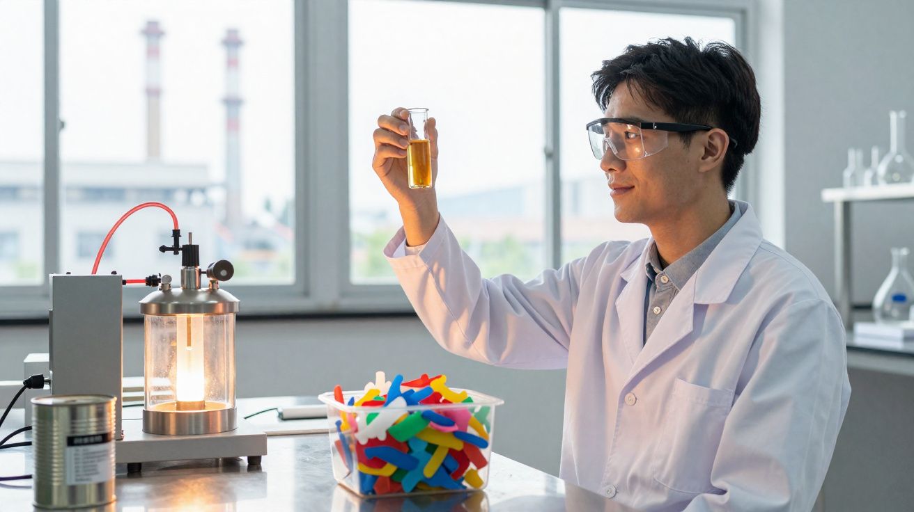 Cientista em laboratório a analisar líquido amarelo num tubo de ensaio, com equipamento e material colorido à frente.