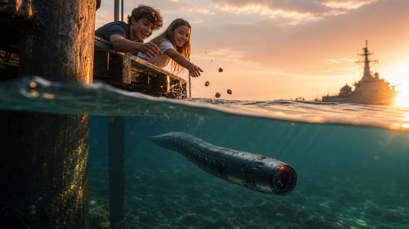 Dois jovens atentos observam e tocam a superfície da água onde um robô submarino em forma de lula nada.