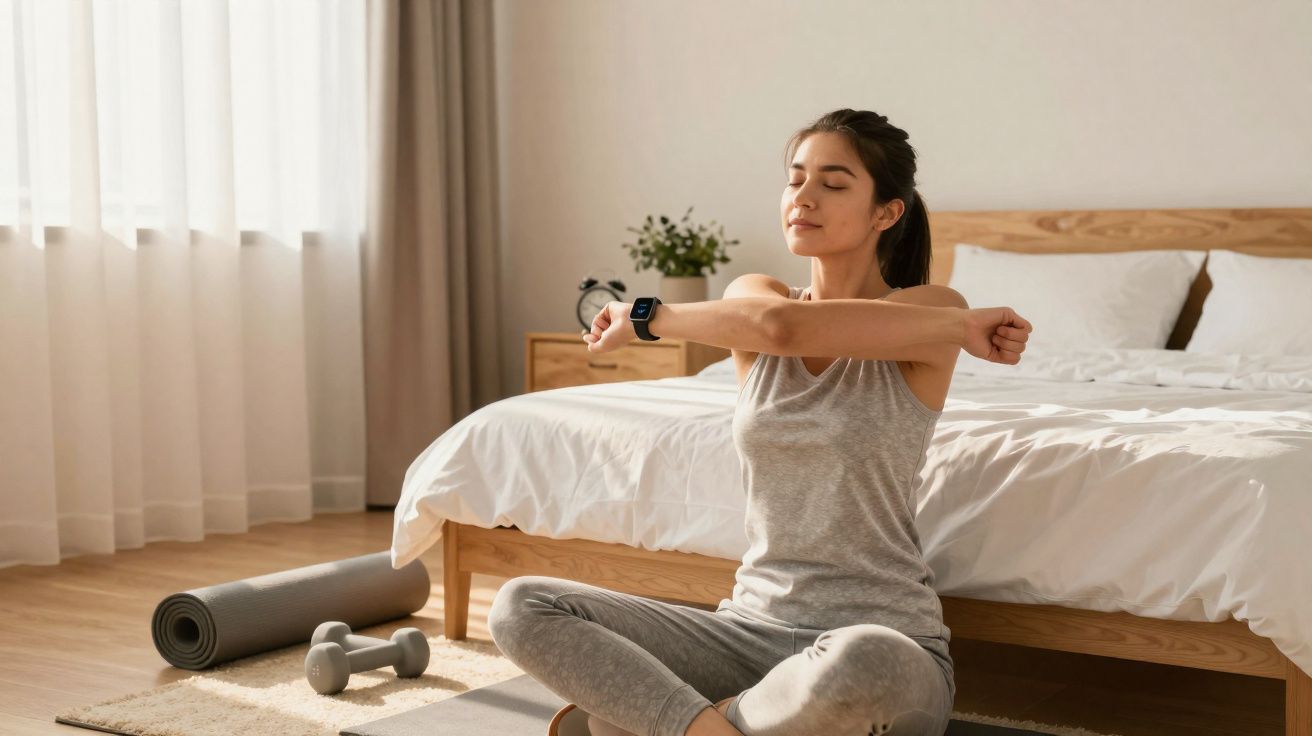 Mulher sentada no chão do quarto a alongar os braços, perto de tapete, halteres e colchão.