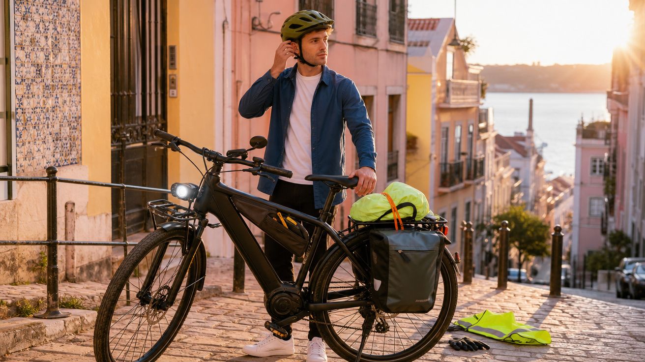 Homem com capacete junto a bicicleta elétrica numa rua de pedra ao pôr do sol, com vista para o rio.