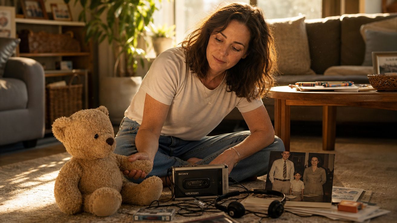 Mulher sentada no chão de sala a segurar a pata de um urso de peluche, com equipamento de cassetes e fotografia antiga à sua 