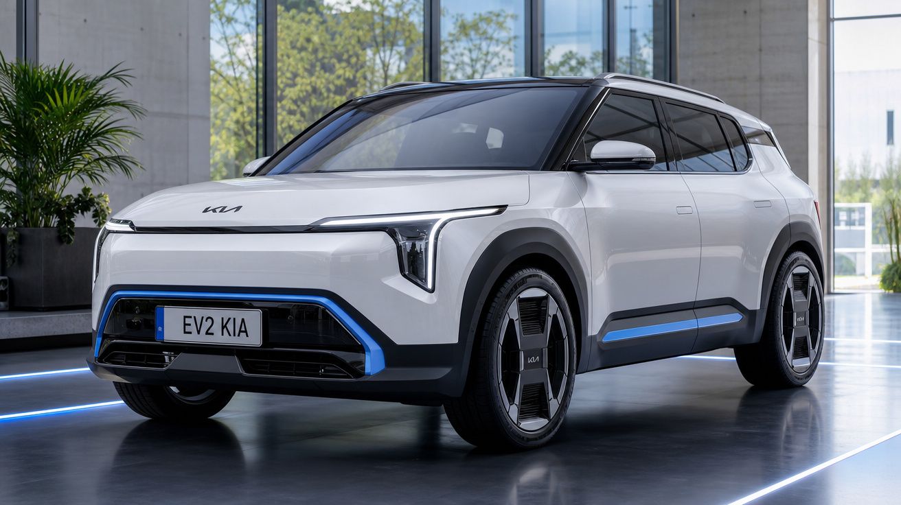 Carro elétrico branco Kia EV2 estacionado em ambiente interior moderno com detalhes azuis e jantes aerodinâmicas.