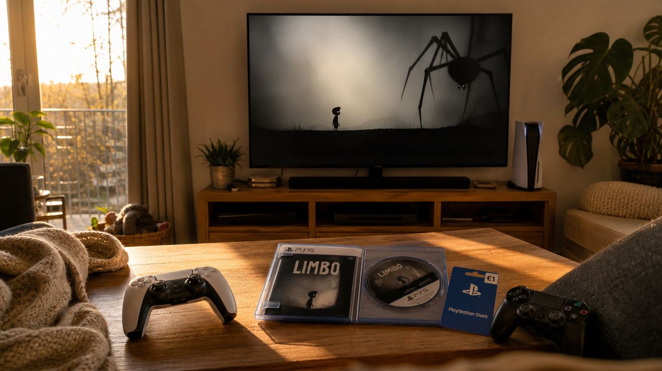 Sala de estar com consola PlayStation, dois comandos e videojogo Limbo aberto sobre mesa de madeira.