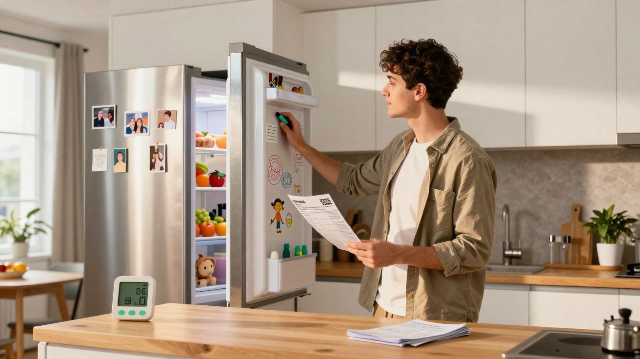 Jovem escreve no frigorífico aberto na cozinha moderna enquanto segura papéis.