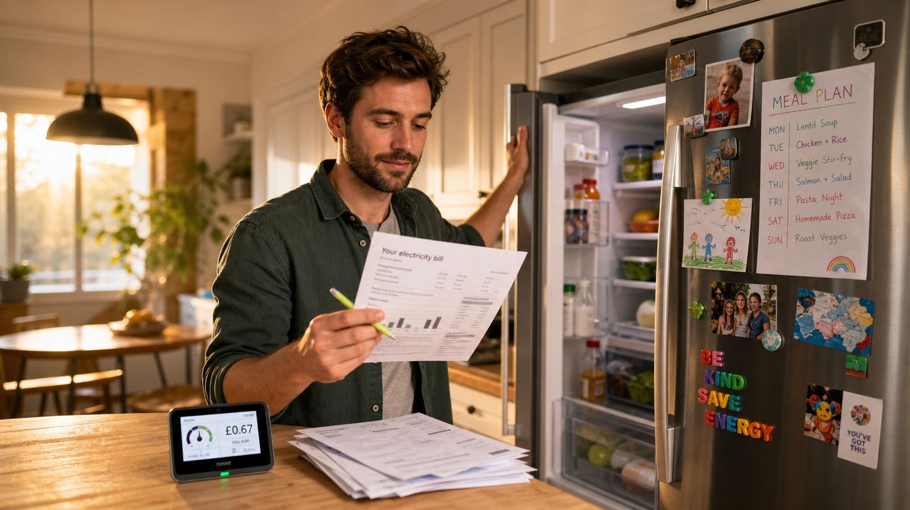 Homem a analisar contas junto a frigorífico aberto numa cozinha iluminada pela luz do sol.