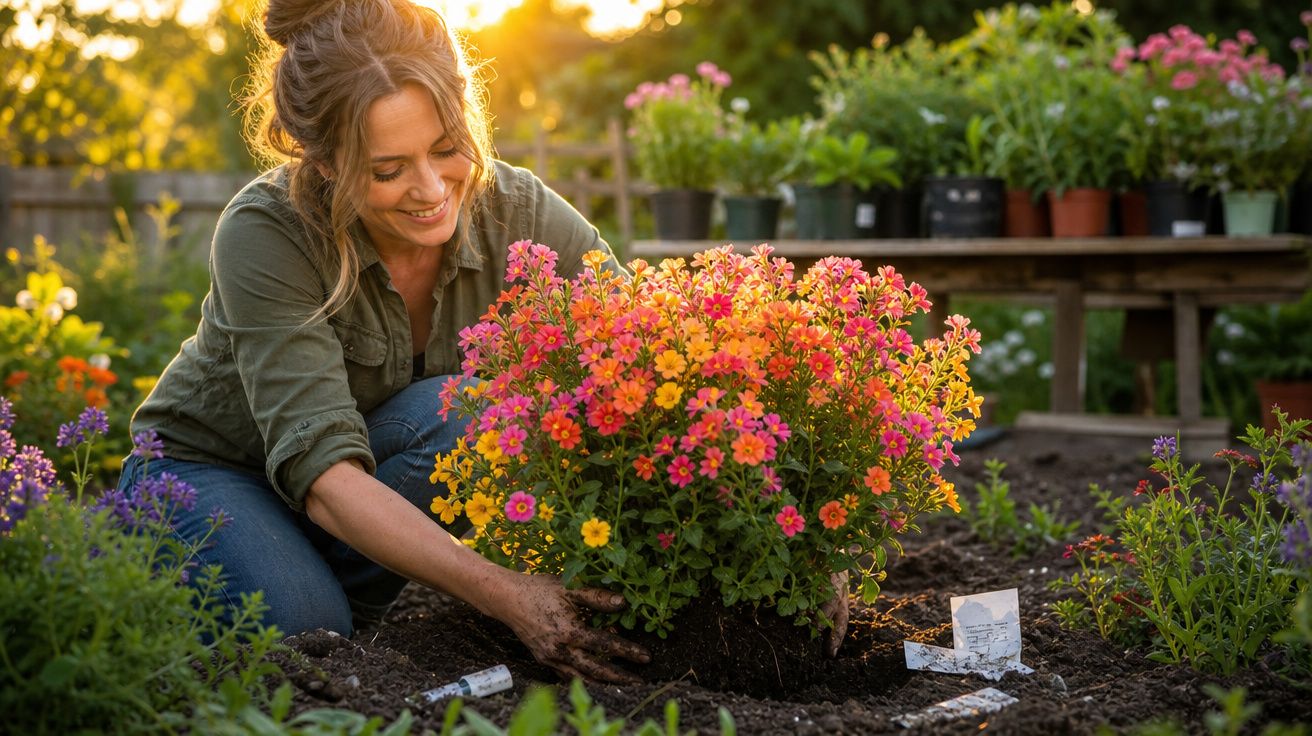 Mulher sorridente a plantar flores cor-de-rosa e amarelas num jardim ao pôr do sol.
