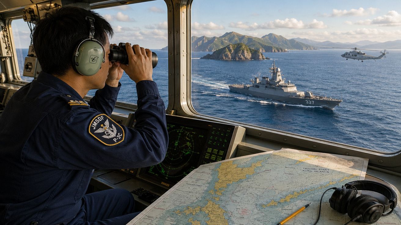 Militar a observar com binóculos um navio de guerra e um helicóptero no mar, visto do interior da cabine.