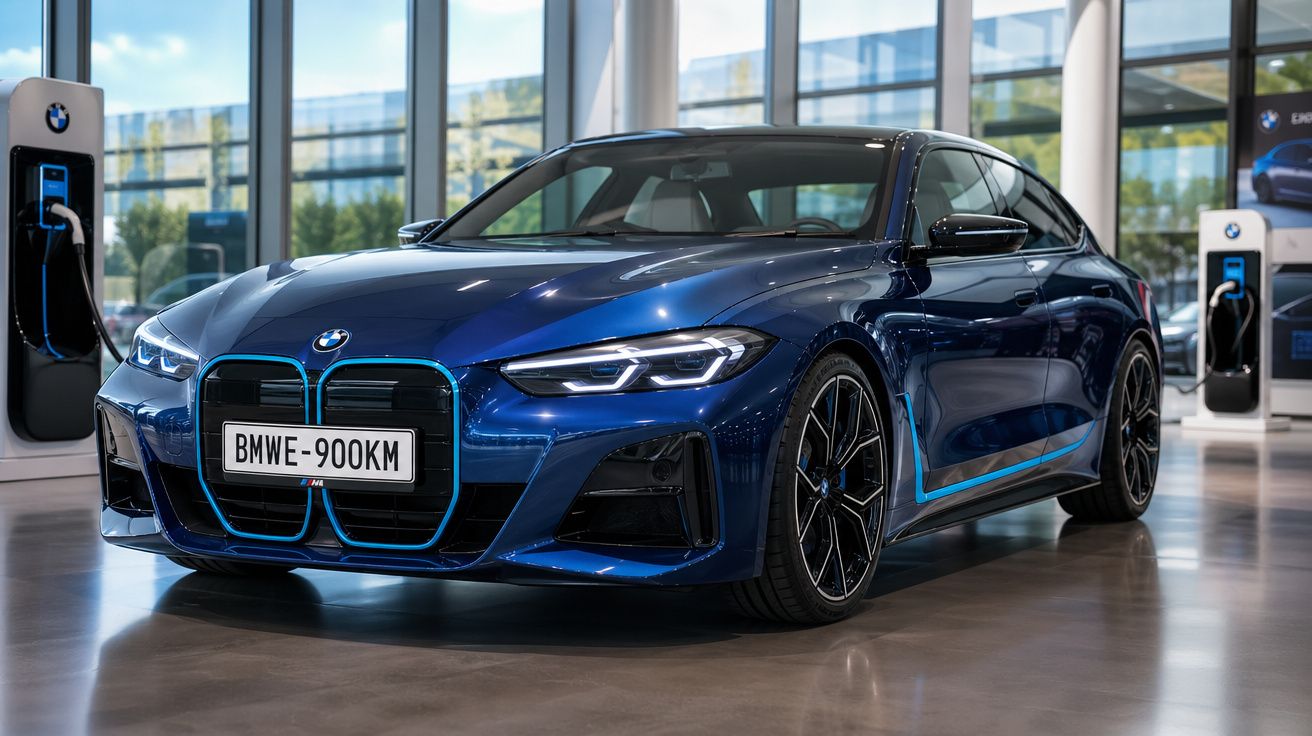 Carro elétrico BMW azul escuro num showroom, ligado a posto de carregamento BMW.