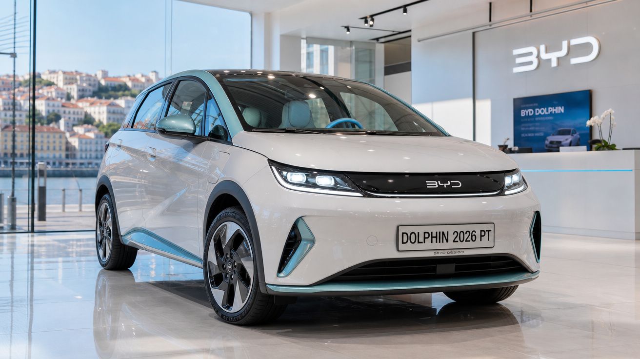 Carro elétrico BYD Dolphin branco exposto em showroom moderno com vista para cidade à beira-mar.