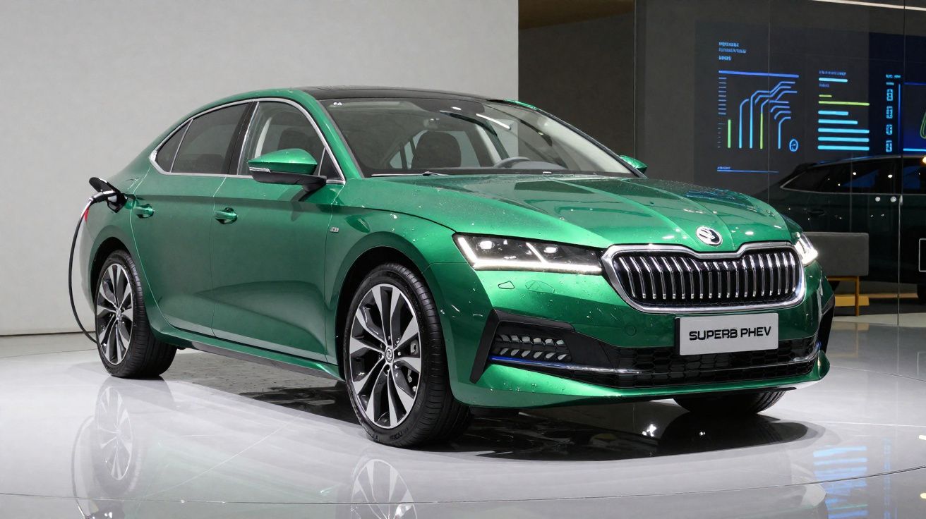 Carro elétrico verde Škoda Superb PHEV em exposição, ligado a carregador numa sala moderna.