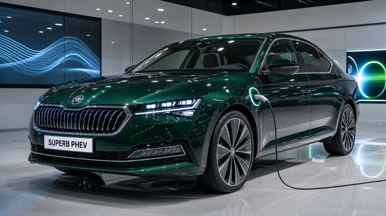 Carro elétrico premium verde Škoda Superb PHEV ligado a carregador num showroom moderno.