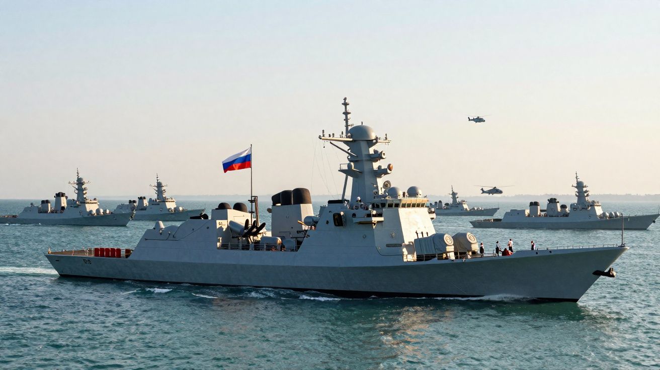 Fragata russa em mar calmo com outras embarcações e helicópteros ao fundo sob céu claro.