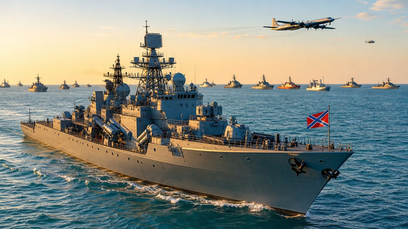 Grande fragata militar com várias embarcações e uma aeronave no mar ao pôr do sol.