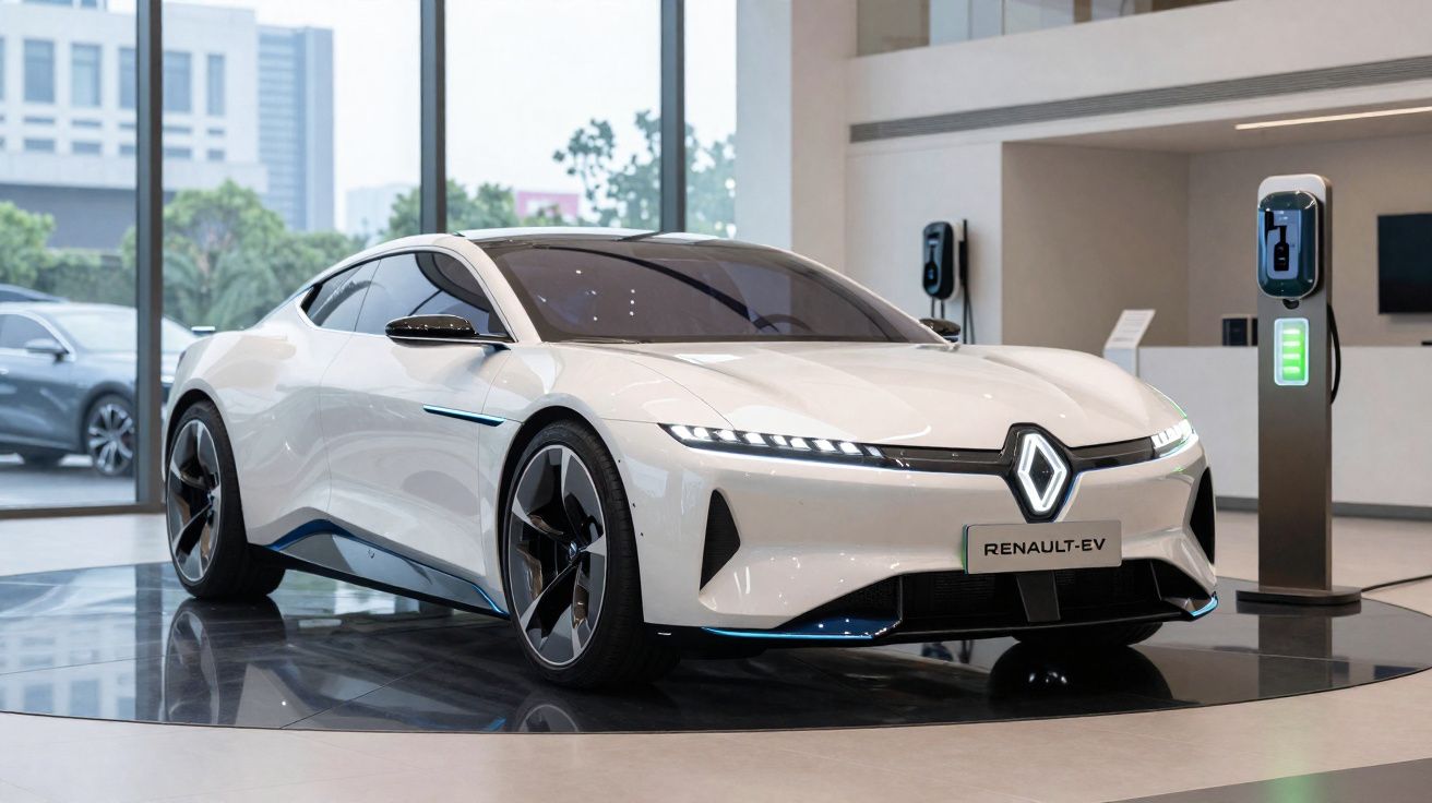 Carro elétrico branco da Renault exposto em showroom moderno com estação de carregamento ao lado.
