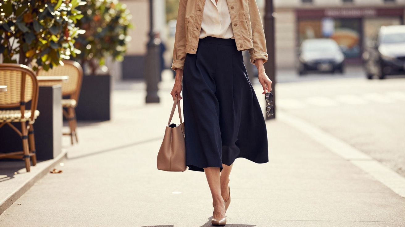Mulher a caminhar numa rua urbana com saia midi preta, blusa branca, casaco bege, sapatos nude e mala castanha.