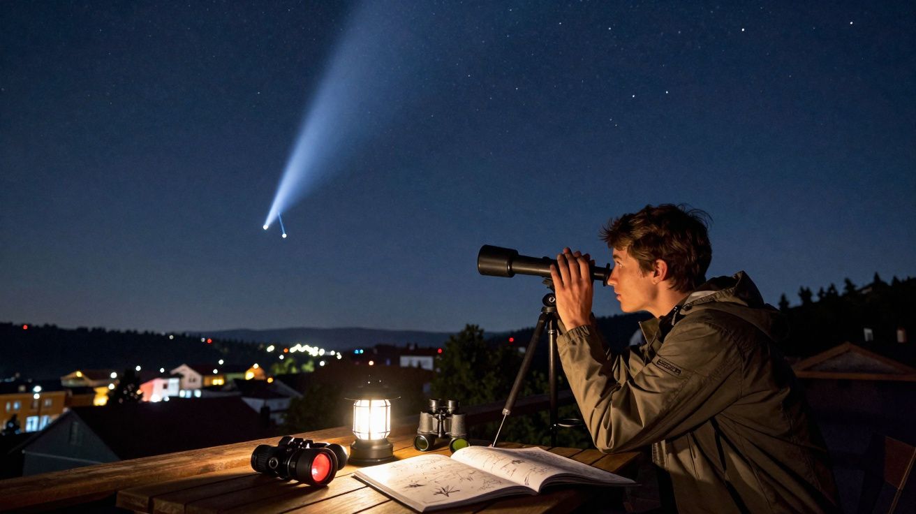Homem observa o céu estrelado com telescópio, com livro aberto e lanterna numa varanda à noite.