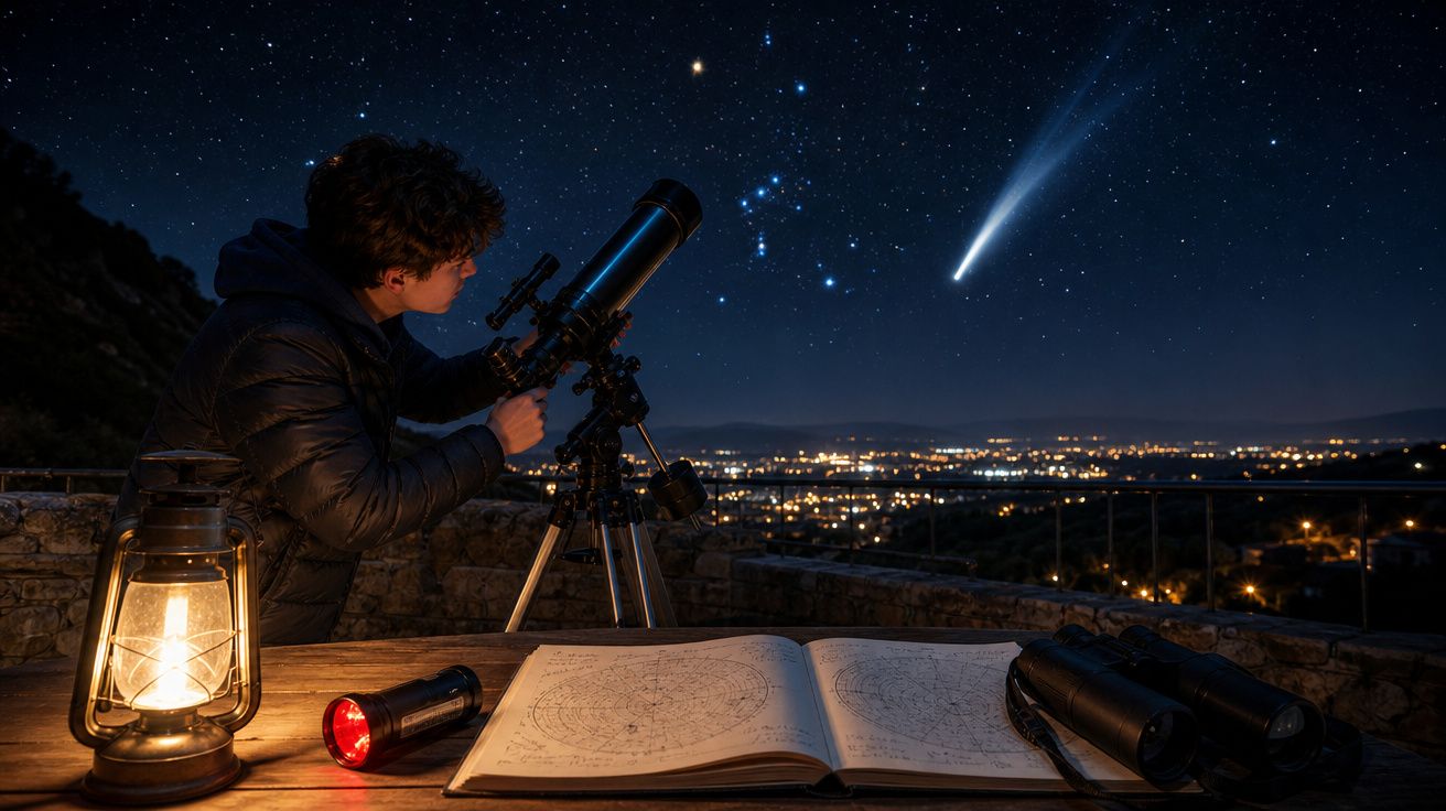 Jovem observa o céu estrelado com telescópio, livro de astronomia aberto e luzes da cidade ao fundo.