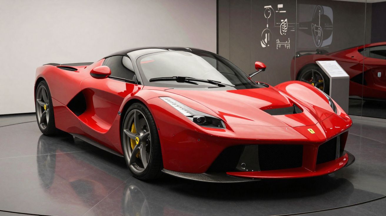 Carro desportivo vermelho Ferrari com detalhes pretos exposto num salão moderno com chão cinzento.