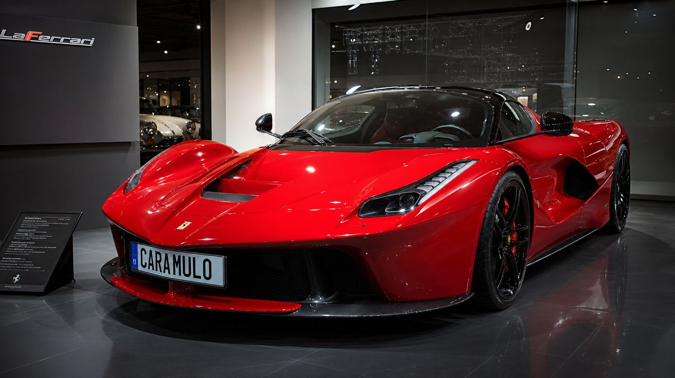 Carro desportivo vermelho Ferrari LaFerrari em exposição numa sala moderna e luminosa.