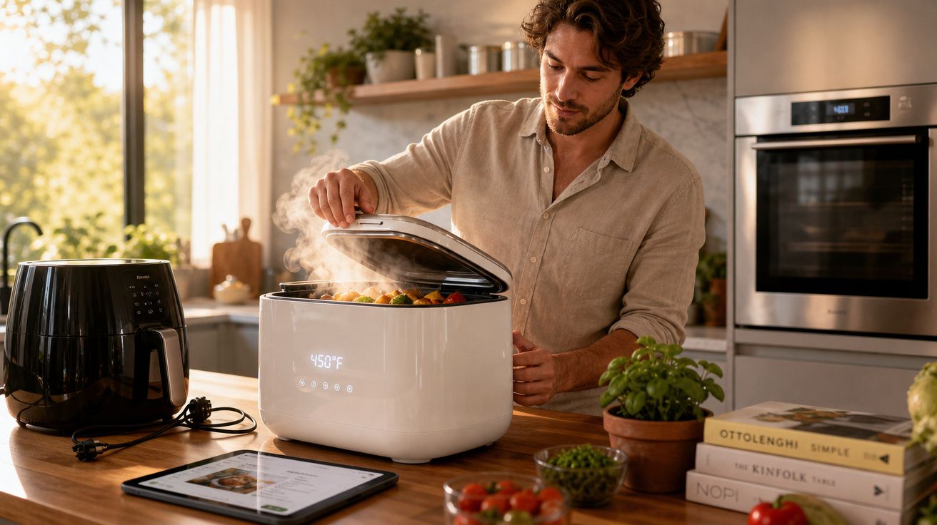 Homem a abrir tampa de panela elétrica moderna com legumes a cozinhar na cozinha iluminada.