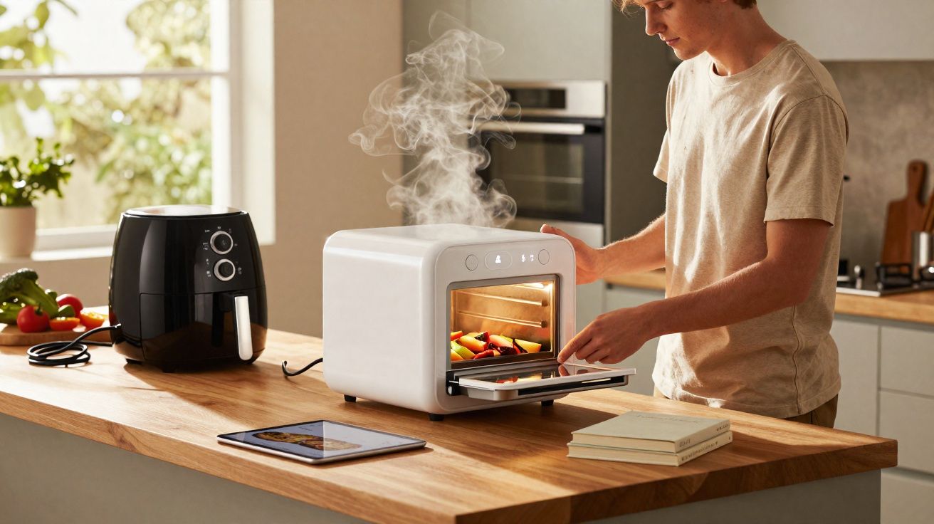 Jovem a retirar alimentos quentes de um forno compacto branco numa cozinha moderna.