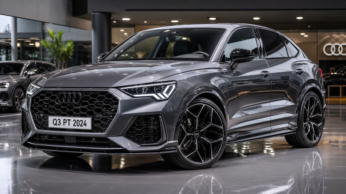 Audi Q3 cinzento-escuro estacionado em salão de exposição moderno com rodas desportivas pretas.