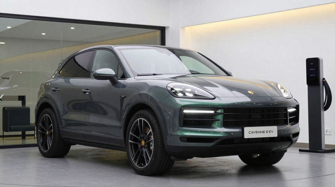 Carro elétrico Porsche Cayenne 5 EV cinzento estacionado numa sala com posto de carregamento.