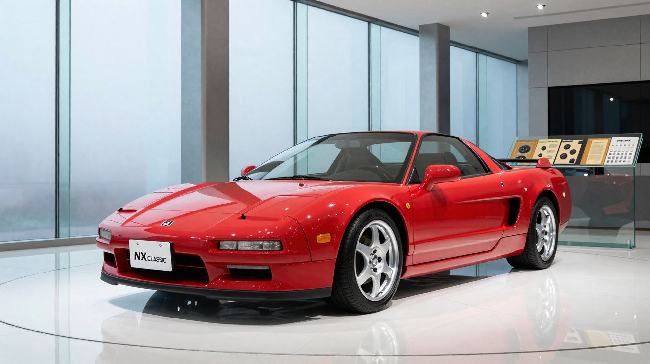 Carro desportivo clássico vermelho modelo Honda NSX exposto num museu com chão branco e janelas grandes.