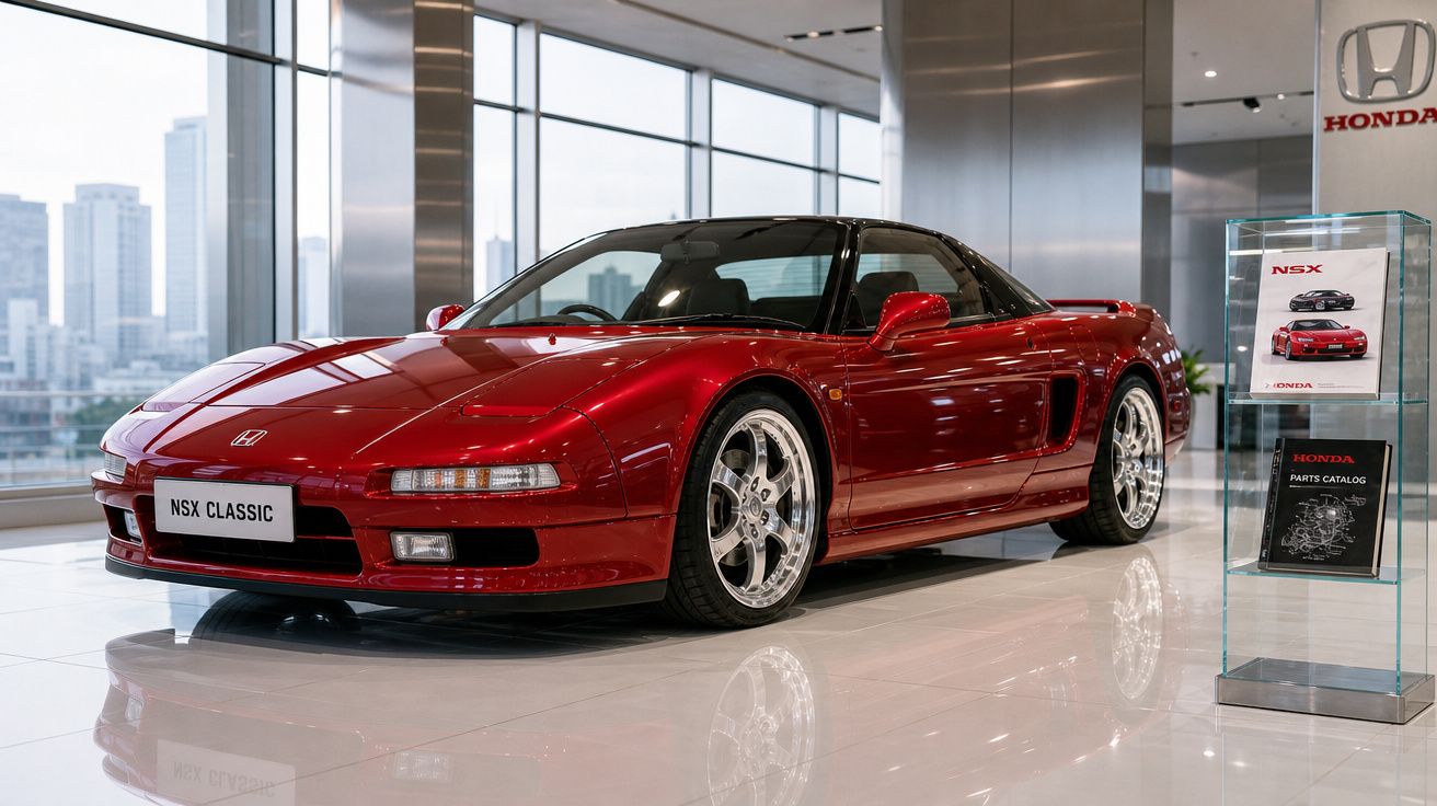 Carro desportivo vermelho Honda NSX Classic exibido em salão moderno com grande janela e catálogo ao lado.