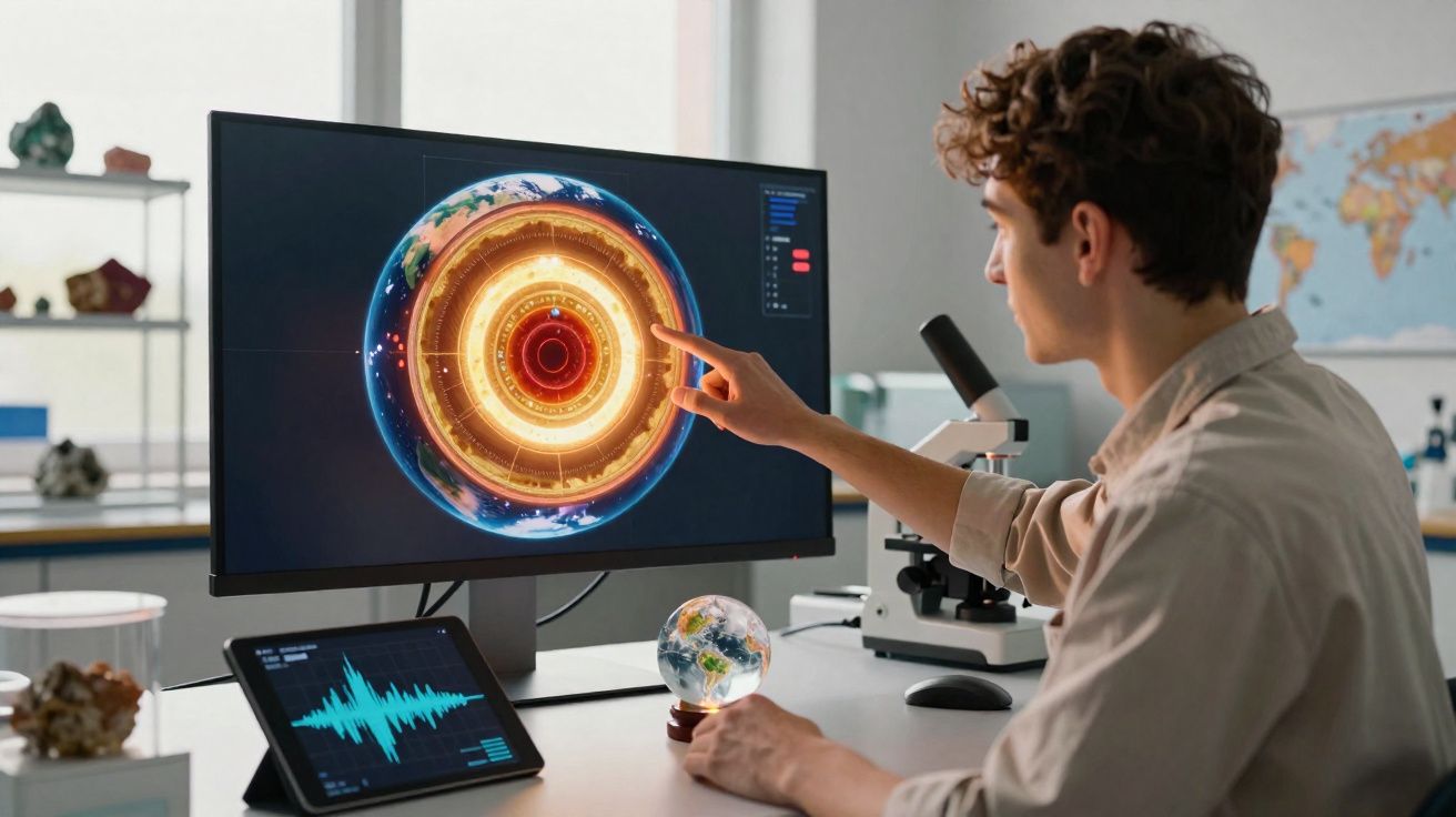 Homem analisa imagem digital de camada terrestre numa tela, com globo terrestre e microscópio na mesa.