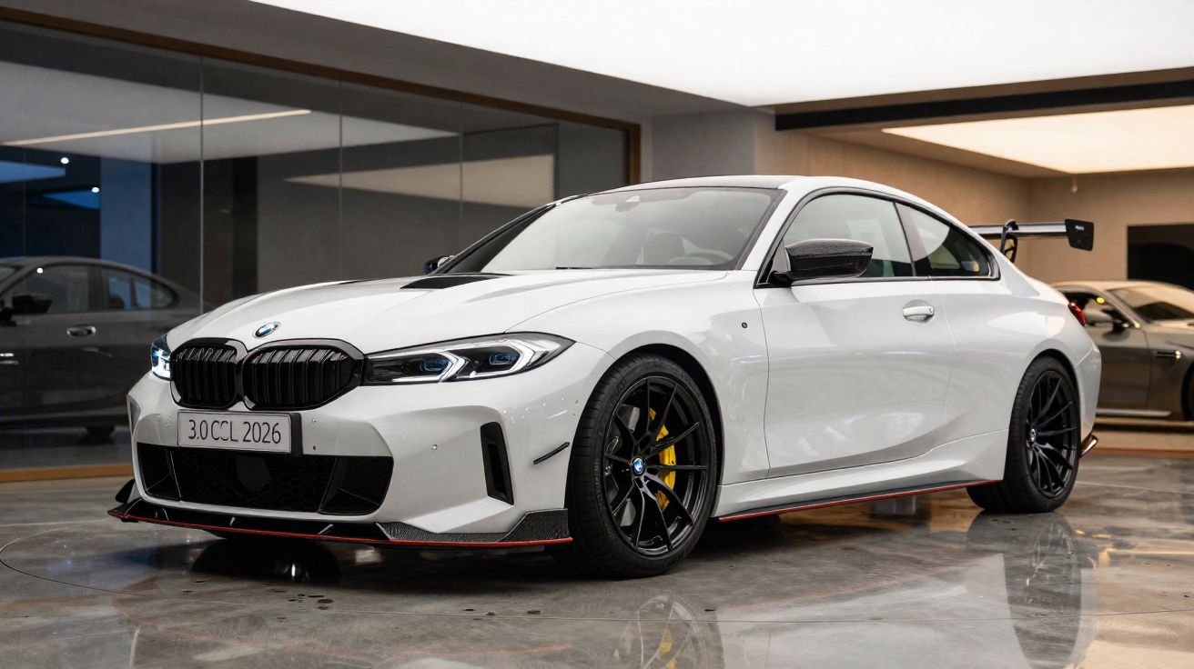 Carro desportivo BMW branco estacionado em garagem com piso brilhante e iluminação interior.