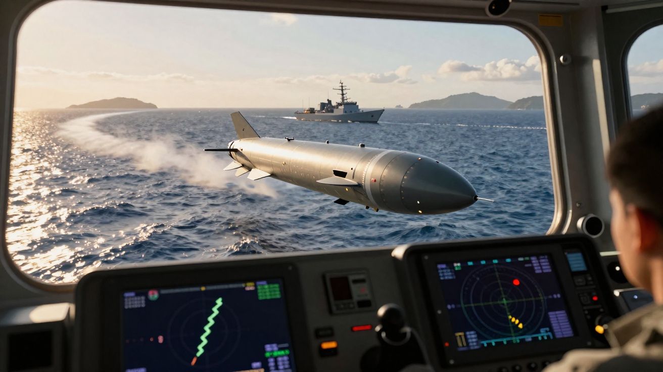 Vista interior de um navio com torpedo a ser lançado no mar e navio militar ao fundo ao entardecer.