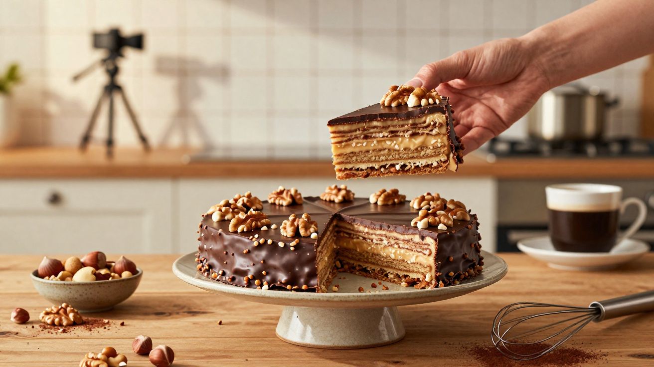 Bolo de chocolate com camadas e cobertura de nozes sobre suporte, numa cozinha com chávena e batedor na mesa.