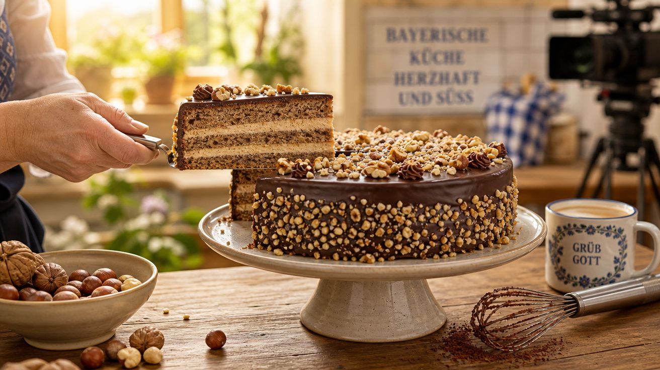 Bolo de chocolate com camadas e avelãs, servido numa taça cerâmica, com mão a cortar fatia numa cozinha rústica.
