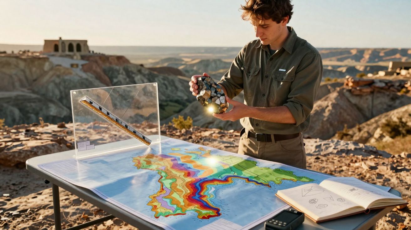 Homem analisa fragmento de rocha com lanterna junto a mesa com mapa colorido e caderno ao ar livre.