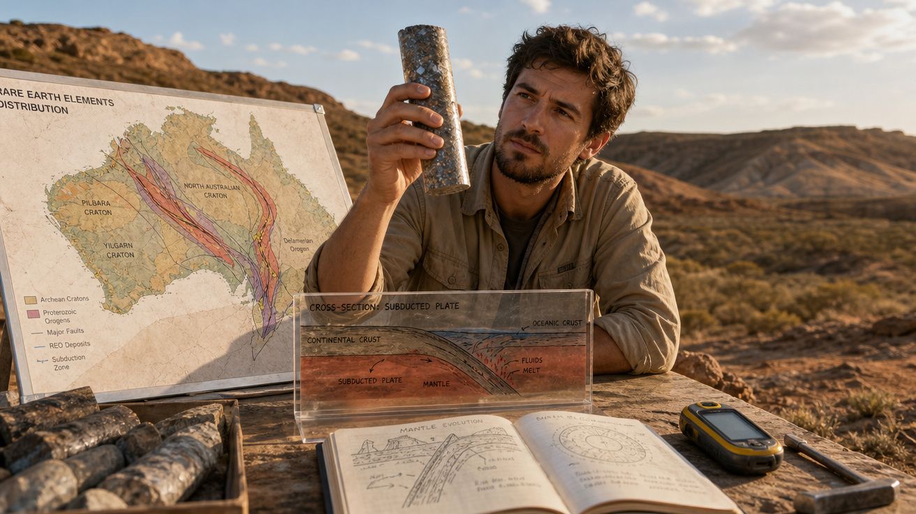 Homem analisa amostra de solo com mapas geológicos e livros sobre a crosta terrestre num ambiente árido.