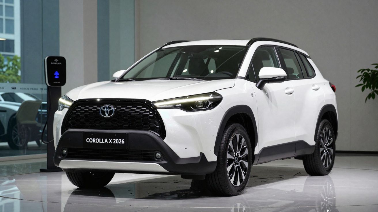 Carro Toyota Corolla X 2026 branco em exposição com design moderno e faróis LED ligados.