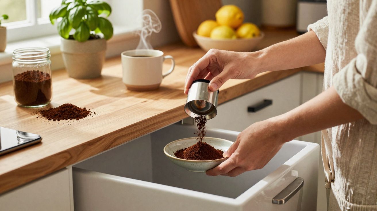 Pessoa a deitar borra de café num recipiente numa cozinha com bancada de madeira e plantas.