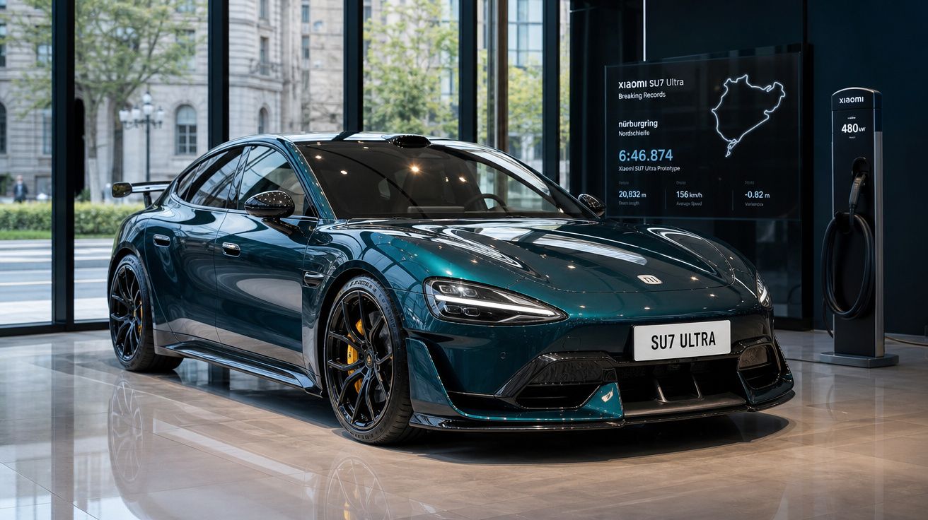 Automóvel elétrico verde escuro modelo SU7 Ultra numa exposição moderna com montra e painéis informativos.
