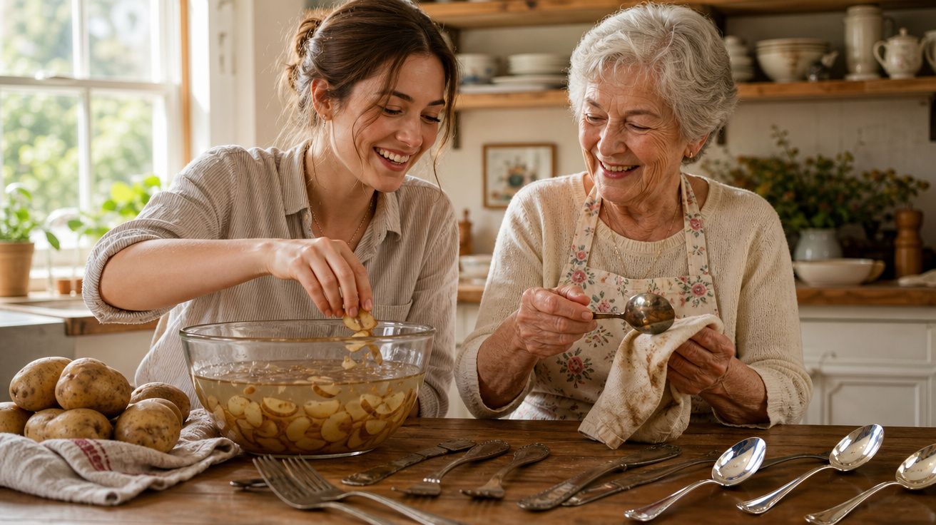 Mulher jovem e idosa a preparar batatas juntas numa cozinha acolhedora e sorridentes.
